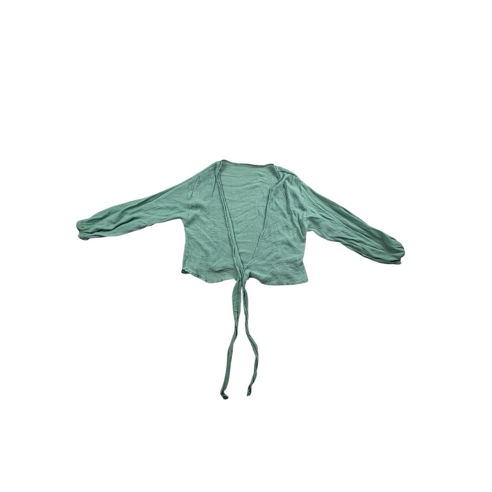 Women's Sage Green Tie Front Long Sleeve Crop Top Size M Boho‎ Cottagecore